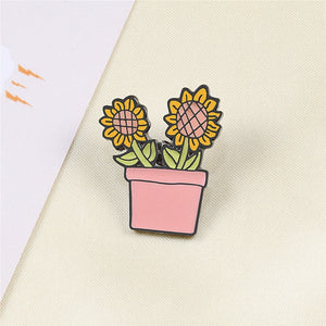 Sunflower Potted Plant Metal Enamel Brooches