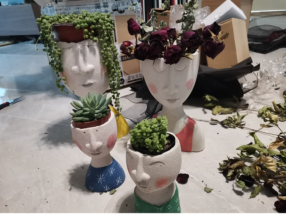 Resin Sculpture Human Face Flower Pot