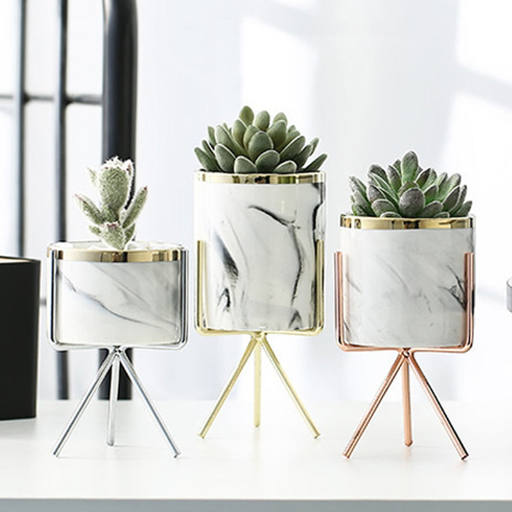 rose gold succulent pot Iron Marble Pattern Rose Gold Silver Tabletop Green Plant Pot